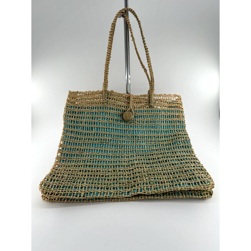 Jute Tote Aqua Polyester Fabric Lining With Interior Pocket Wood Button Closure